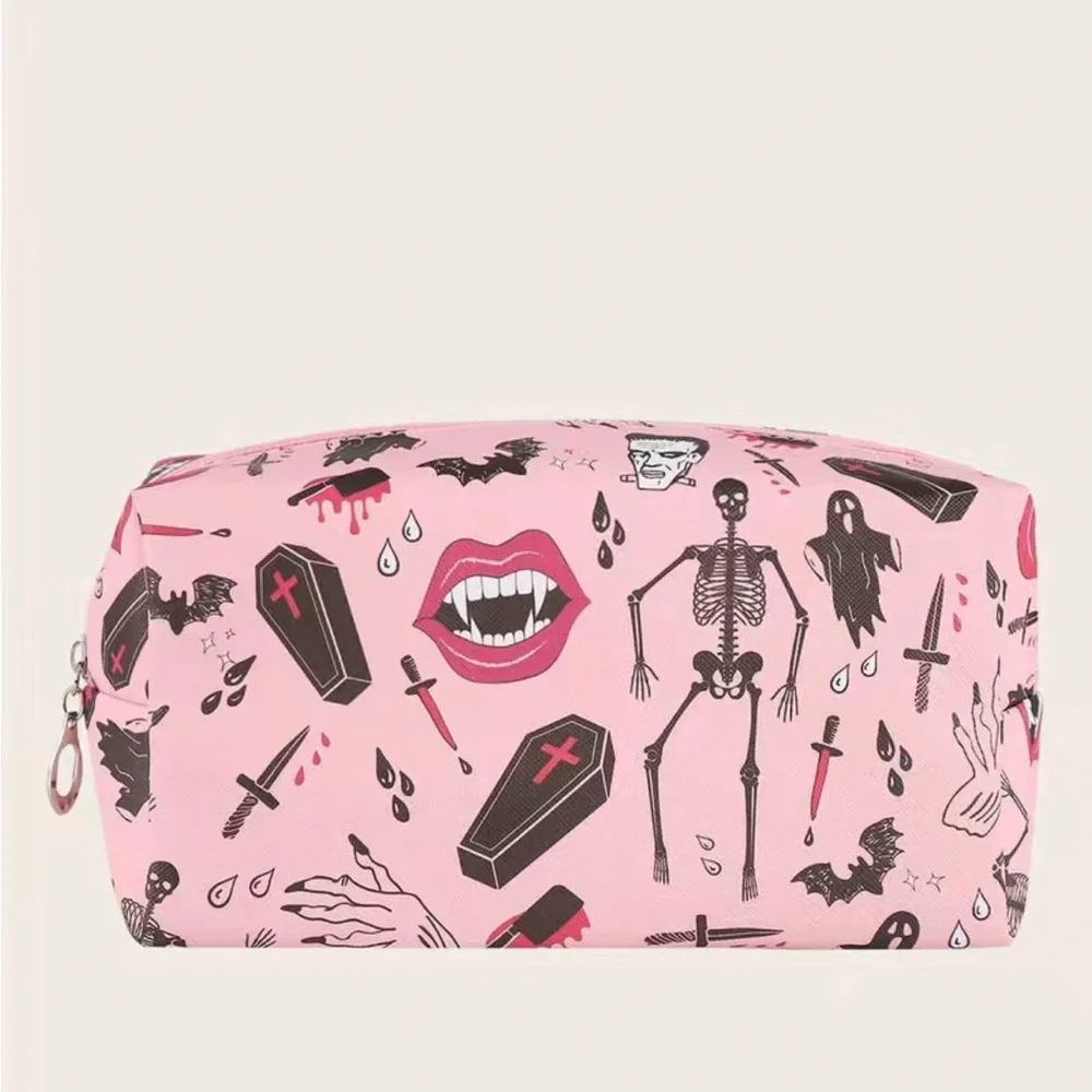 Halloween Pink Cosmetic Bag Goth Coffin Skeleton Dagger Fangs Ghoul Makeup - Picture 5 of 7